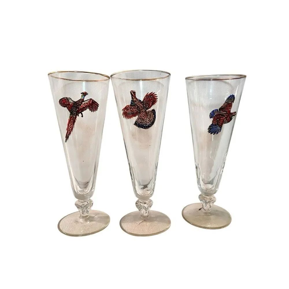Set of 3 Game Bird Gold Rimmed Pilsner Glasses Libbey Glass Company